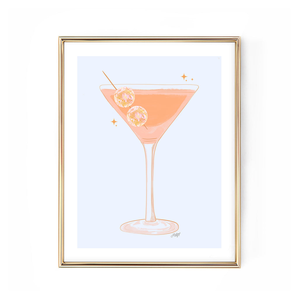 disco ball martini glass orange yellow illustration party alcohol bart cart 70s art print wall art poster Lindsey Kay Collective