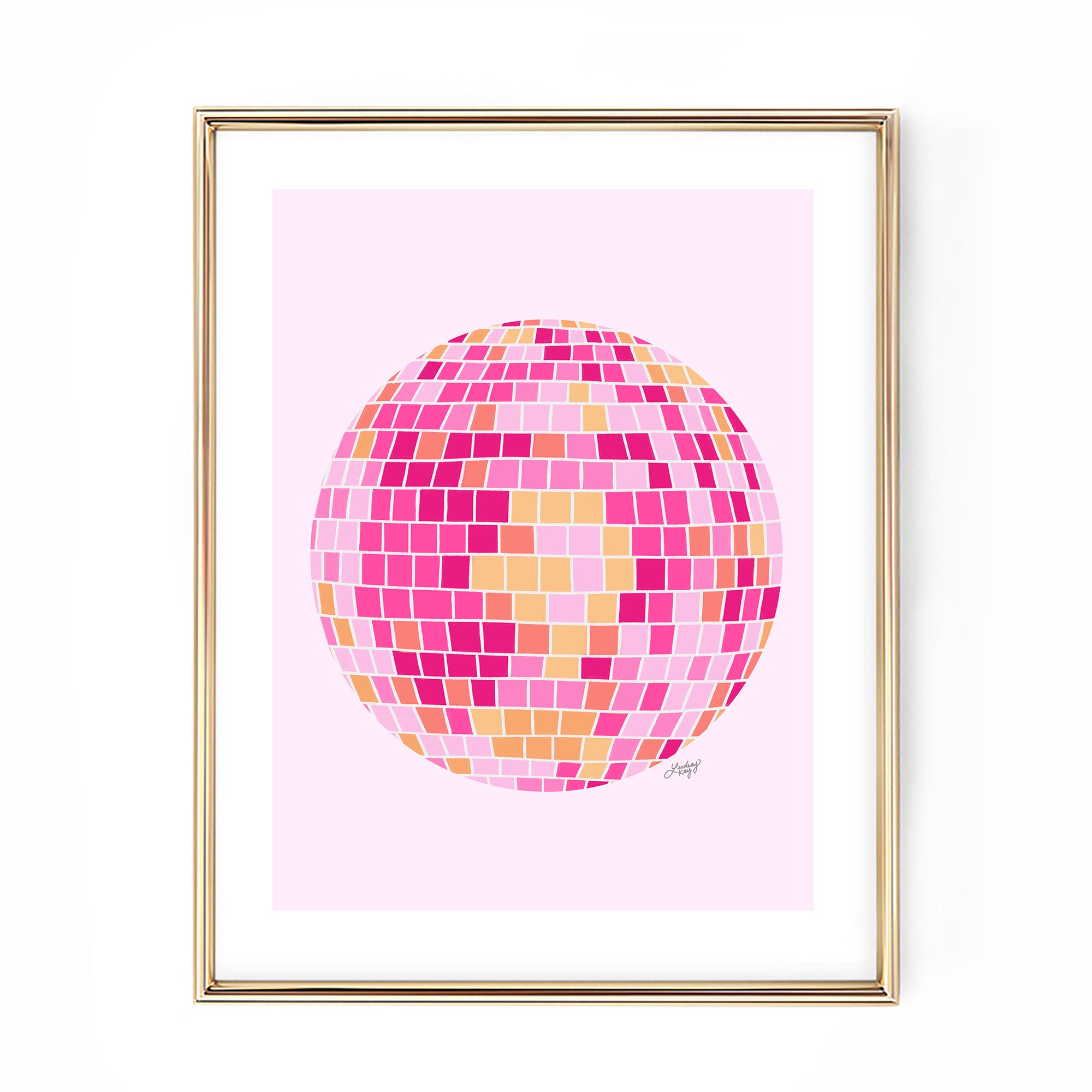 pink orange yellow disco ball painting illustration art print poster retro wall art trendy dorm room lindsey kay collective