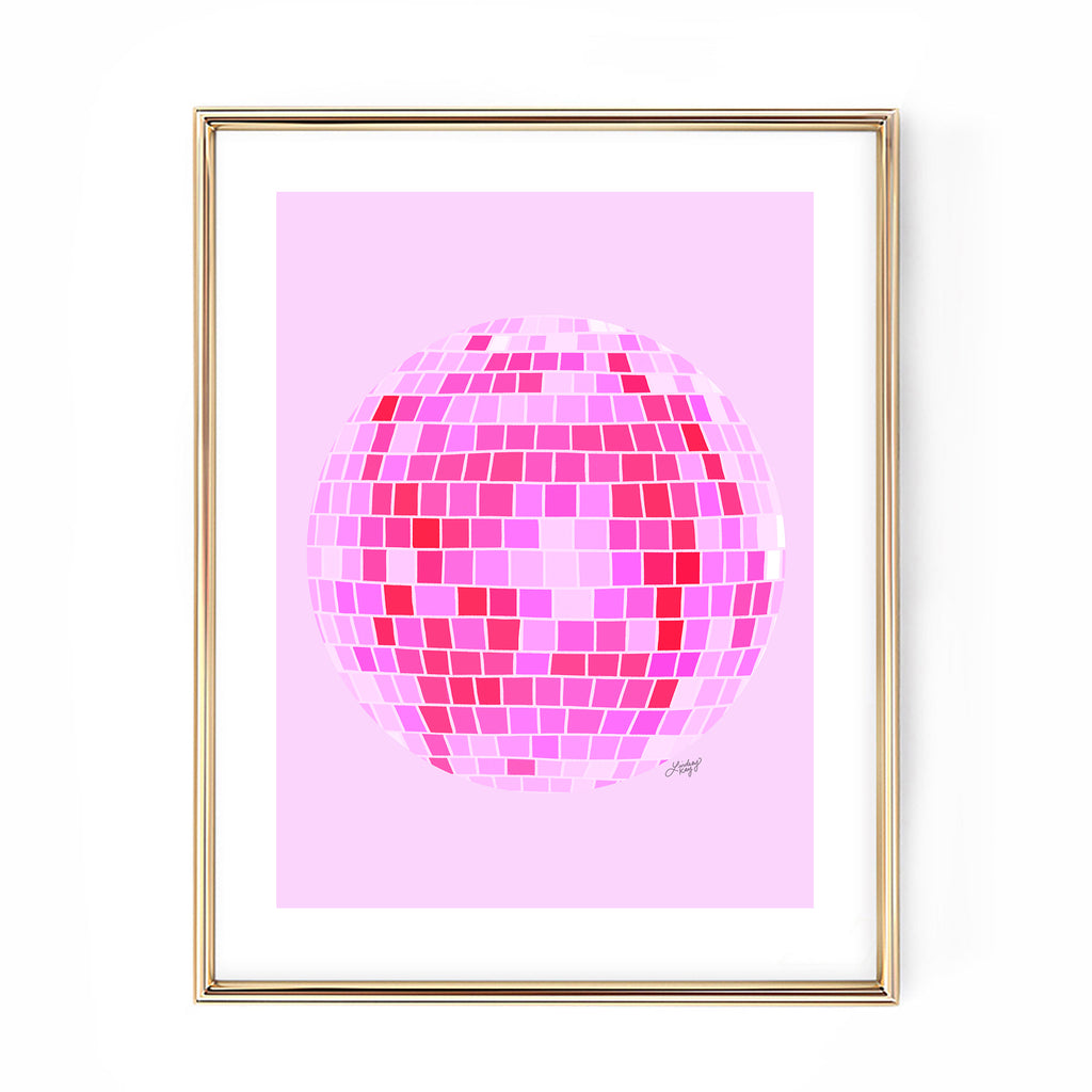 pink disco ball painting illustration art print poster retro wall art trendy lindsey kay collective