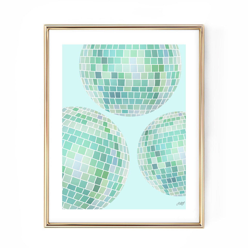 green disco balls illustration art print wall art poster retro trendy lindsey kay collective