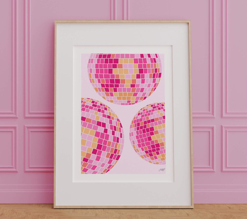 Ilustración de bolas de discoteca (paleta rosa/naranja) - Impresión de arte