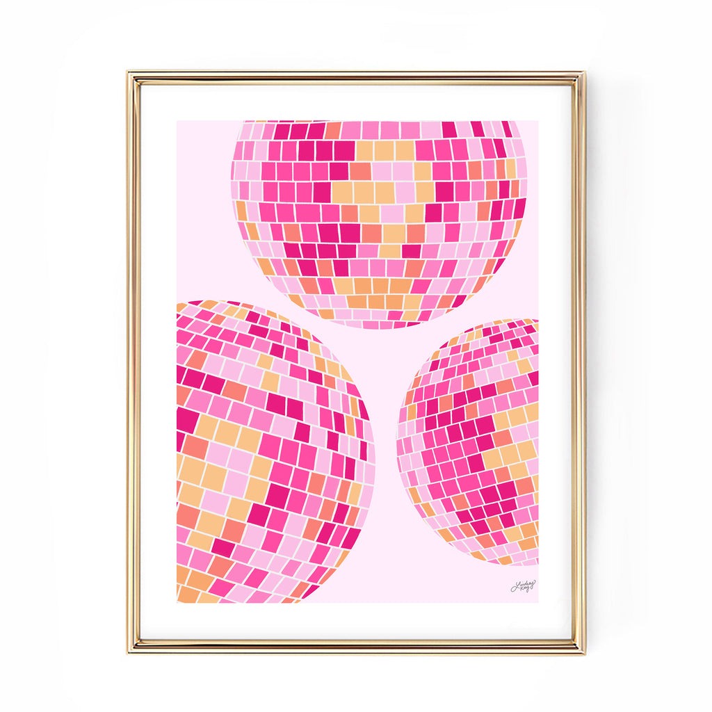 pink orange disco balls illustration art print wall art lindsey kay collective