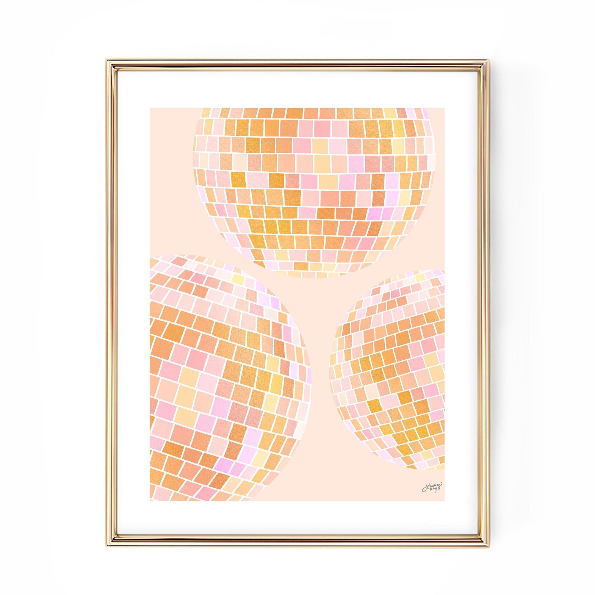 Hand-illustrated yellow disco balls art print by Lindsey Kay Collective – retro colorful wall art – perfect for dorm rooms, bar carts, or gallery walls – printed on enhanced matte paper with vibrant inks – available in 10 sizes