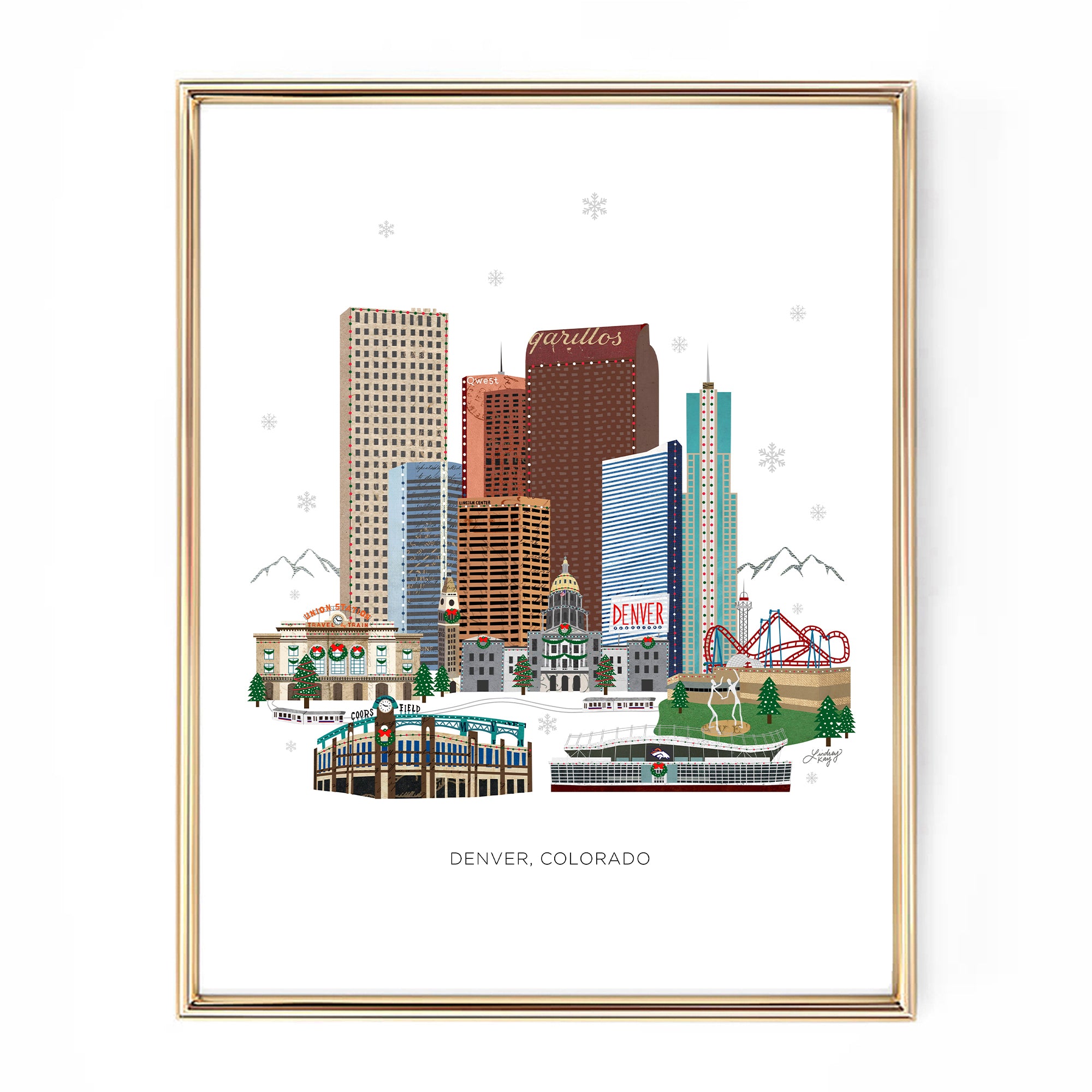 christmas winter festive art print illustration skyline downtown denver colorado cityscape poster wall art