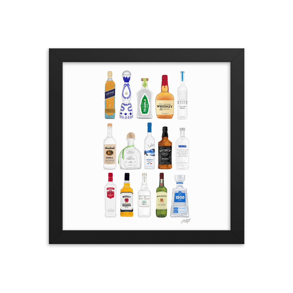 Whiskey, Tequila and Vodka Bottles Illustration - Framed Matte Print