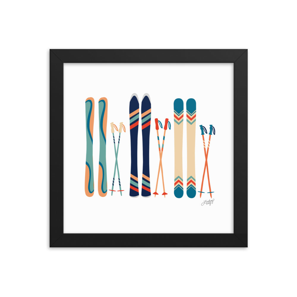 Illustration de ski (palette bleu sarcelle/bleu/orange) - Impression d'art paysager encadrée