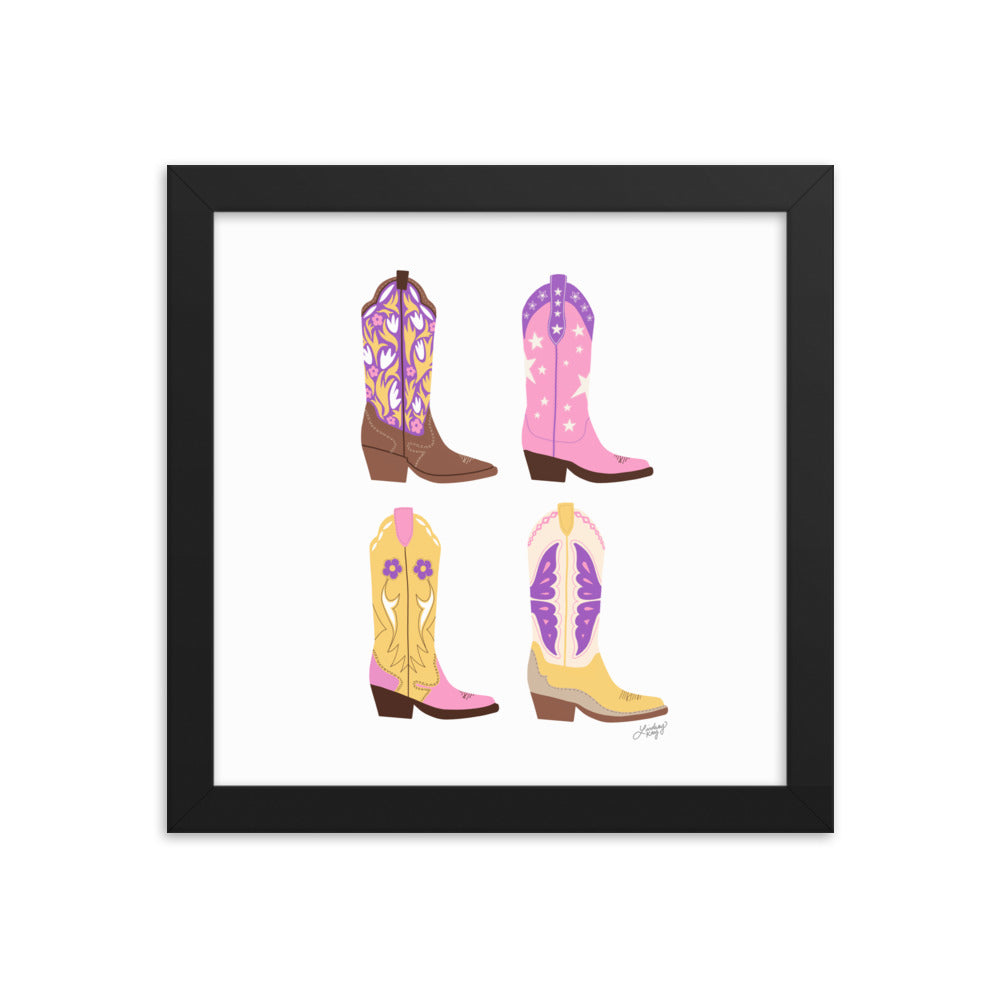 Illustration de bottes de cowboy (palette rose/violet/jaune) - Impression mate encadrée