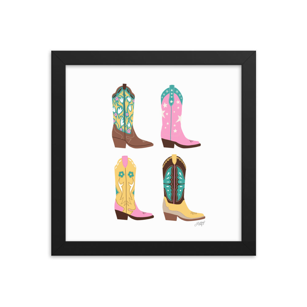 Ilustración de botas de vaquero (paleta rosa/amarillo/turquesa) - Impresión mate enmarcada