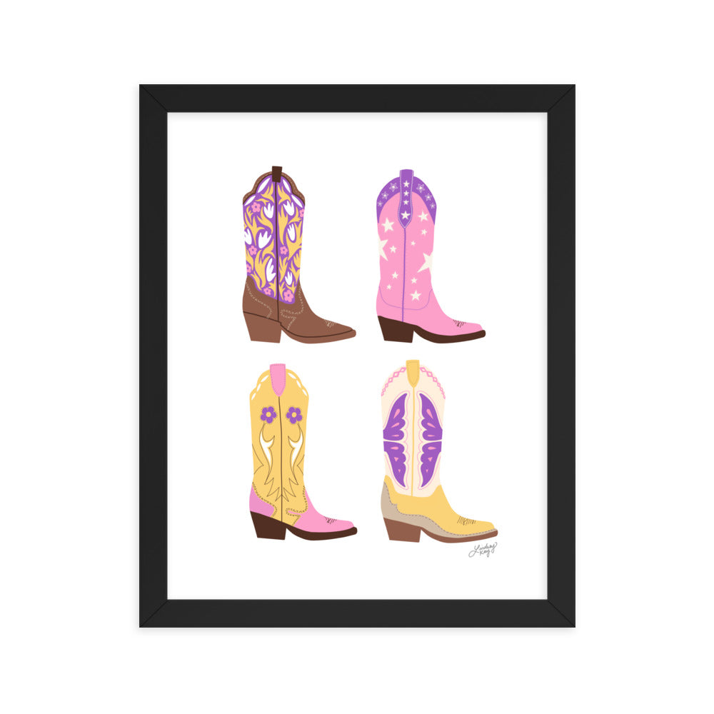 Illustration de bottes de cowboy (palette rose/violet/jaune) - Impression mate encadrée