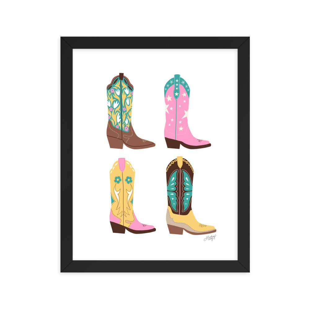 Ilustración de botas de vaquero (paleta rosa/amarillo/turquesa) - Impresión mate enmarcada