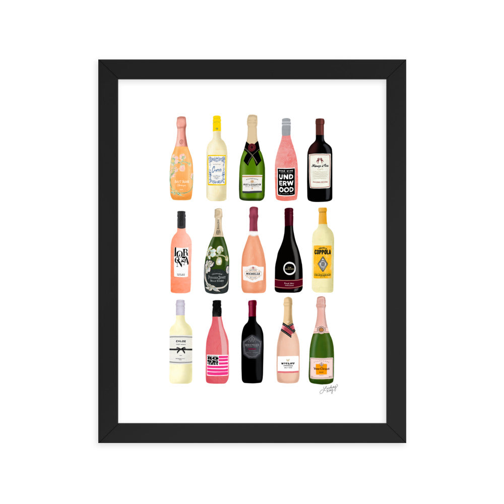 Illustration de bouteilles de vin et de champagne - Impression mate encadrée