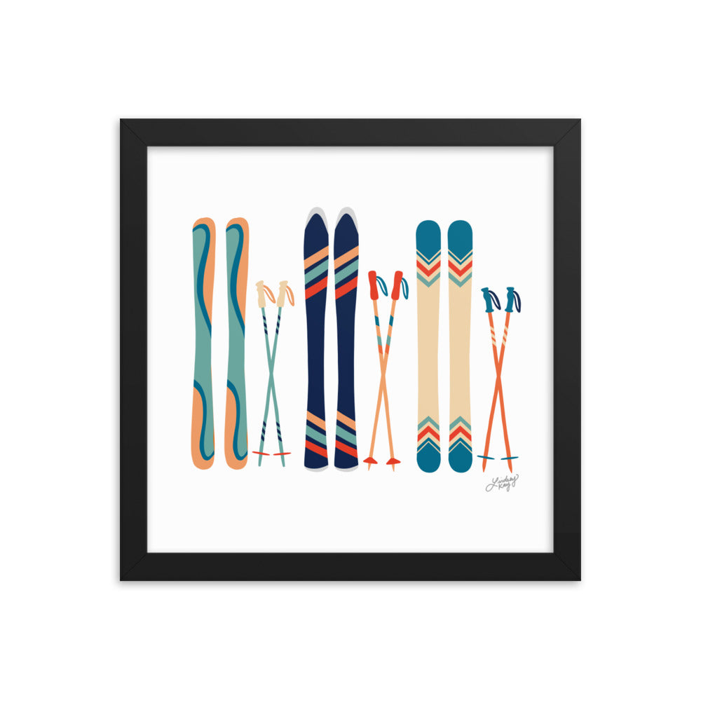 Illustration de ski (palette bleu sarcelle/bleu/orange) - Impression artistique encadrée