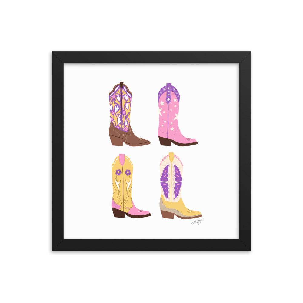 Illustration de bottes de cowboy (palette rose/violet/jaune) - Impression mate encadrée