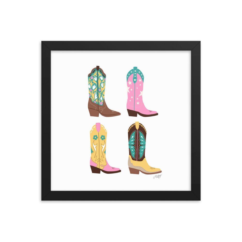 Ilustración de botas de vaquero (paleta rosa/amarillo/turquesa) - Impresión mate enmarcada