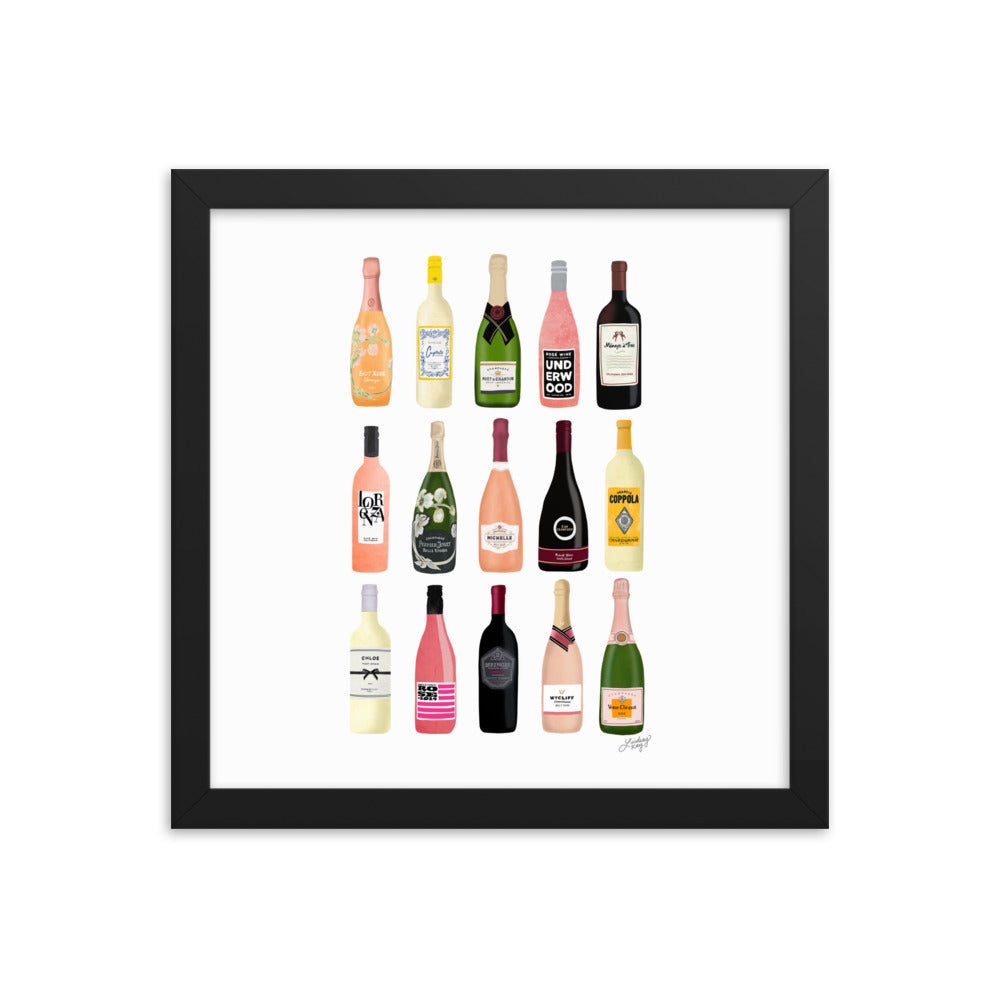 Illustration de bouteilles de vin et de champagne - Impression mate encadrée