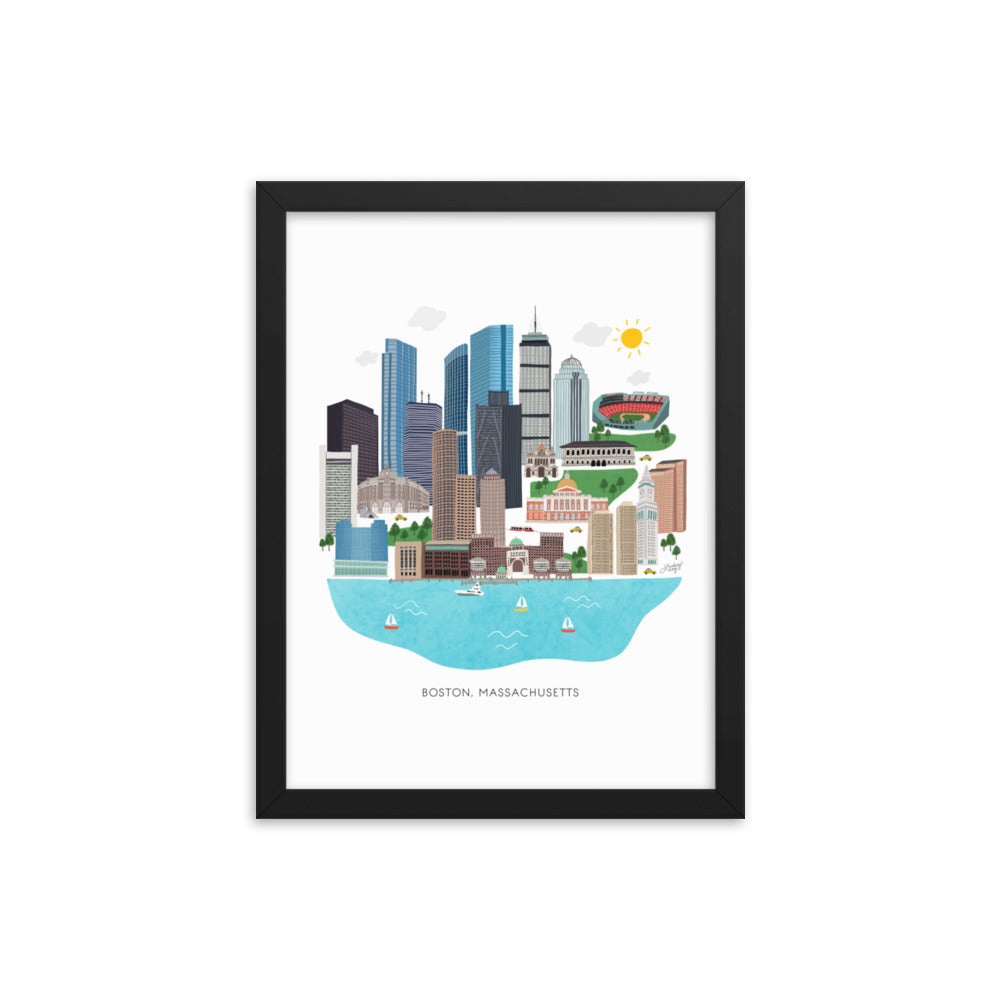 Boston Skyline Illustration - Impression mate encadrée