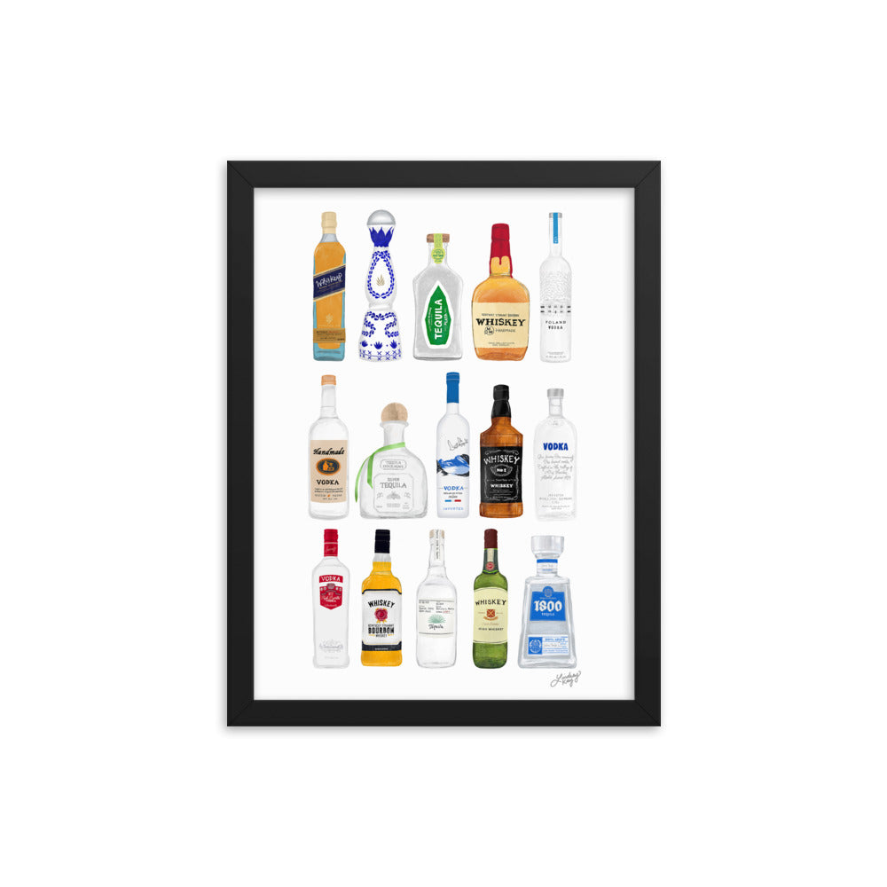 Whiskey, Tequila and Vodka Bottles Illustration - Framed Matte Print