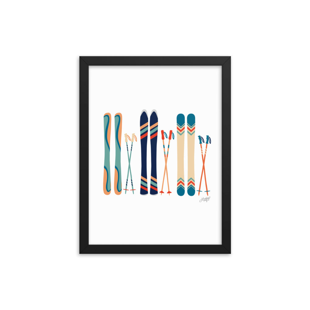 Illustration de ski (palette bleu sarcelle/bleu/orange) - Impression artistique encadrée