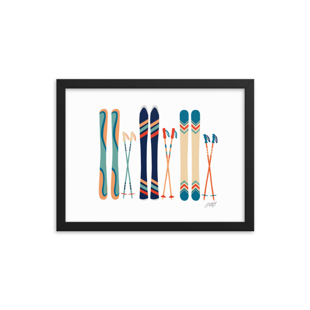 Illustration de ski (palette bleu sarcelle/bleu/orange) - Impression d'art paysager encadrée