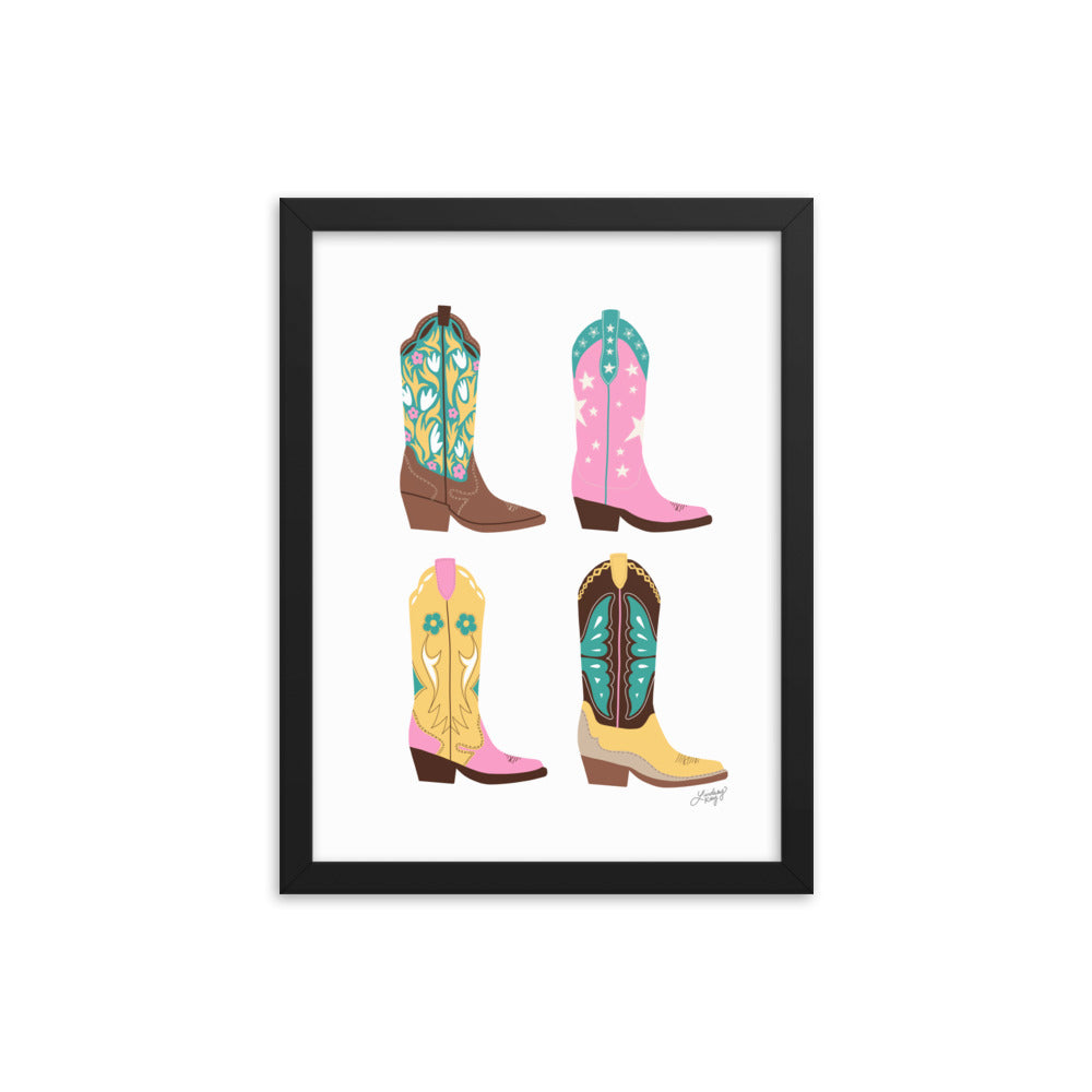 Ilustración de botas de vaquero (paleta rosa/amarillo/turquesa) - Impresión mate enmarcada