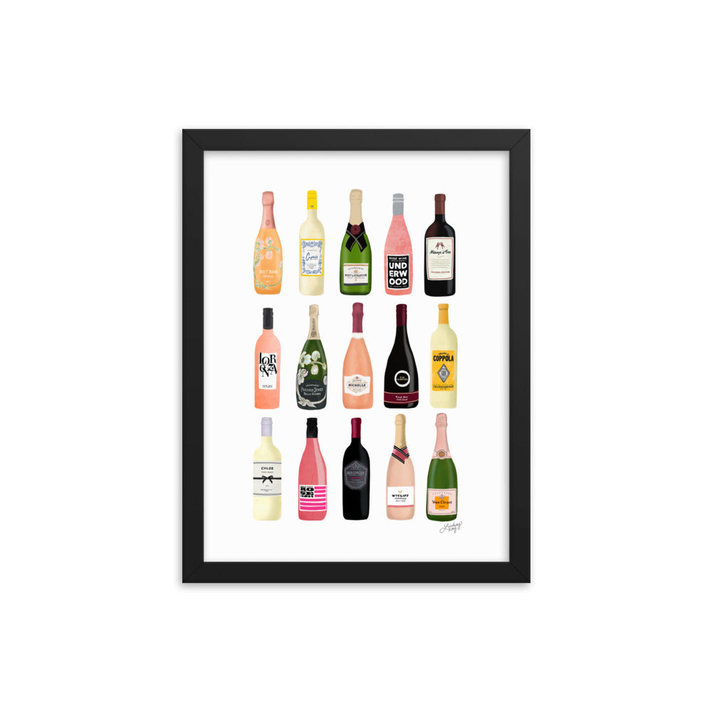 Illustration de bouteilles de vin et de champagne - Impression mate encadrée