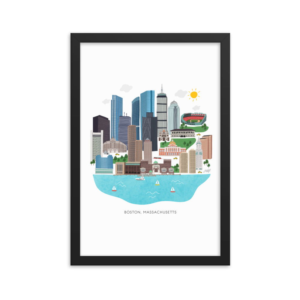 Boston Skyline Illustration - Impression mate encadrée