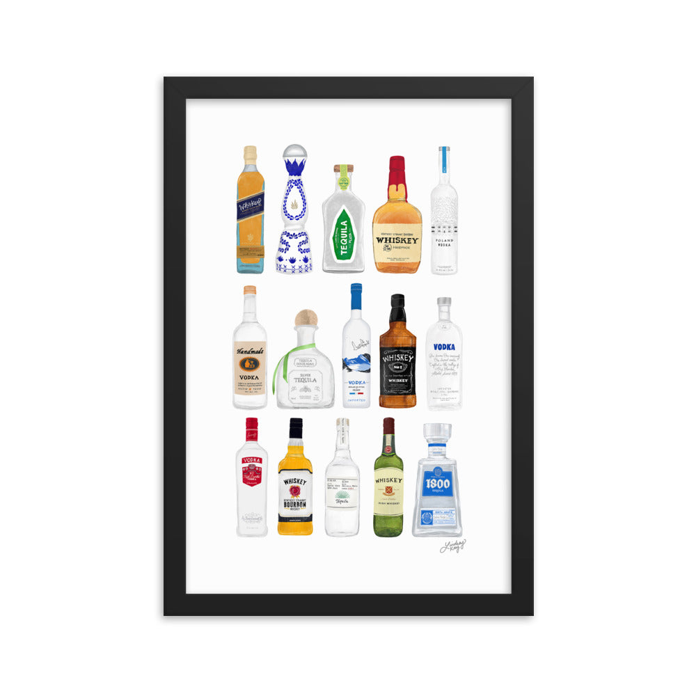 Whiskey, Tequila and Vodka Bottles Illustration - Framed Matte Print
