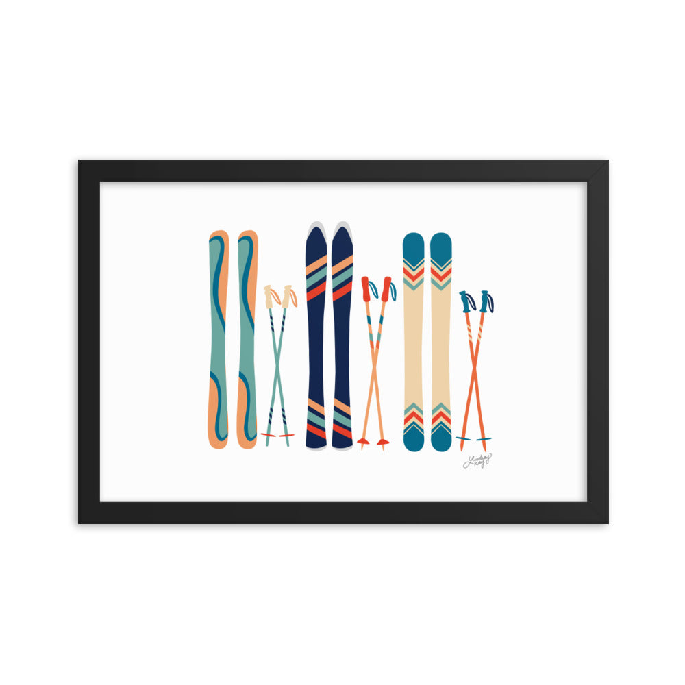 Illustration de ski (palette bleu sarcelle/bleu/orange) - Impression d'art paysager encadrée