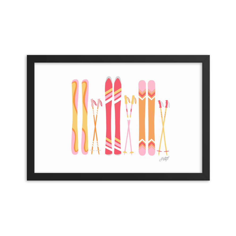 Illustration de ski (palette chaude) - Impression d’art paysager encadrée