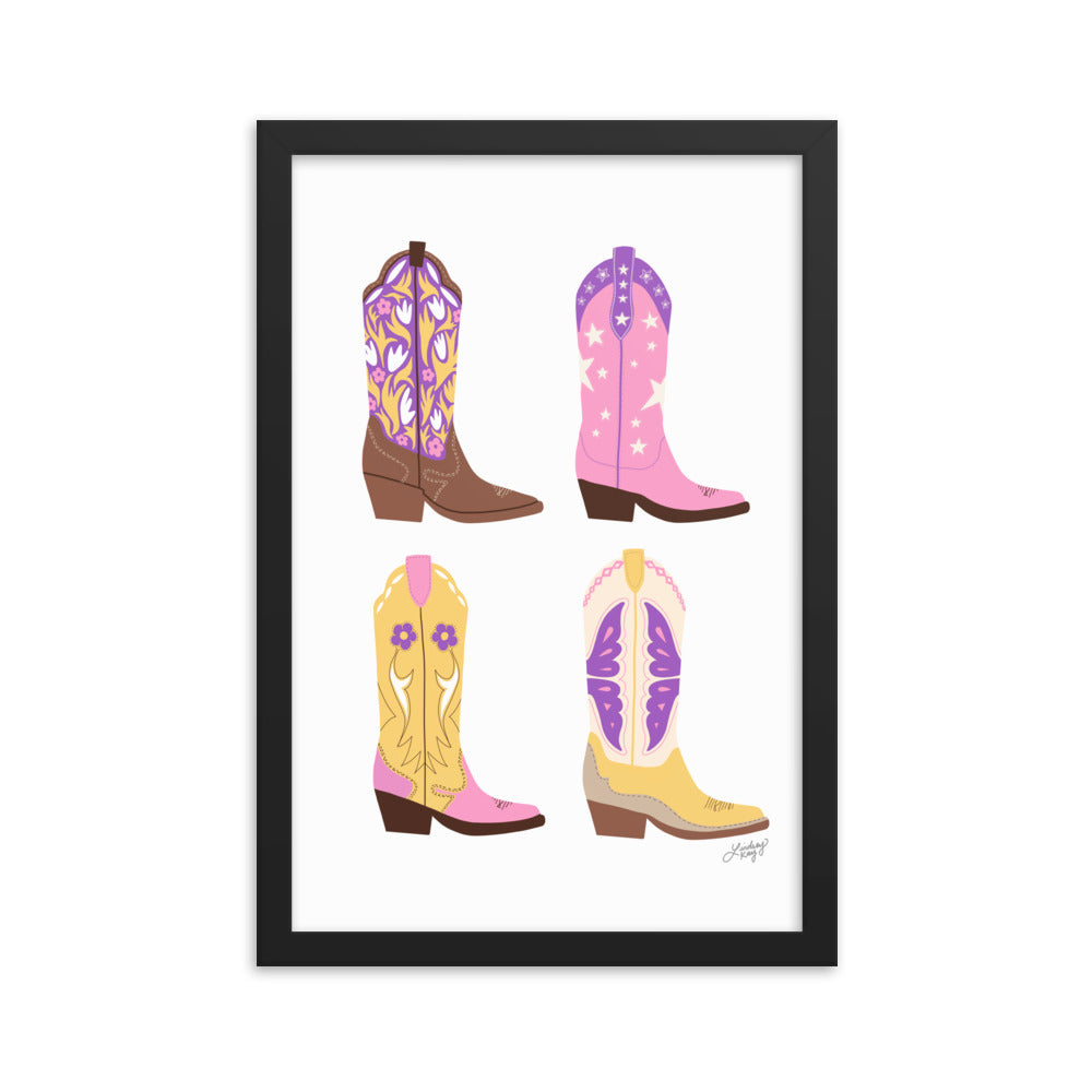 Illustration de bottes de cowboy (palette rose/violet/jaune) - Impression mate encadrée