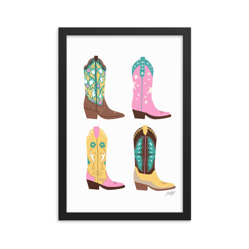Ilustración de botas de vaquero (paleta rosa/amarillo/turquesa) - Impresión mate enmarcada