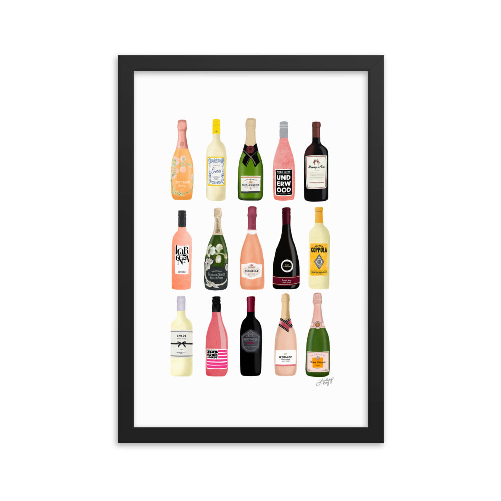 Illustration de bouteilles de vin et de champagne - Impression mate encadrée