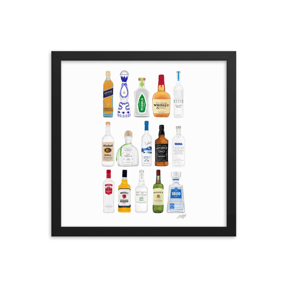 Whiskey, Tequila and Vodka Bottles Illustration - Framed Matte Print