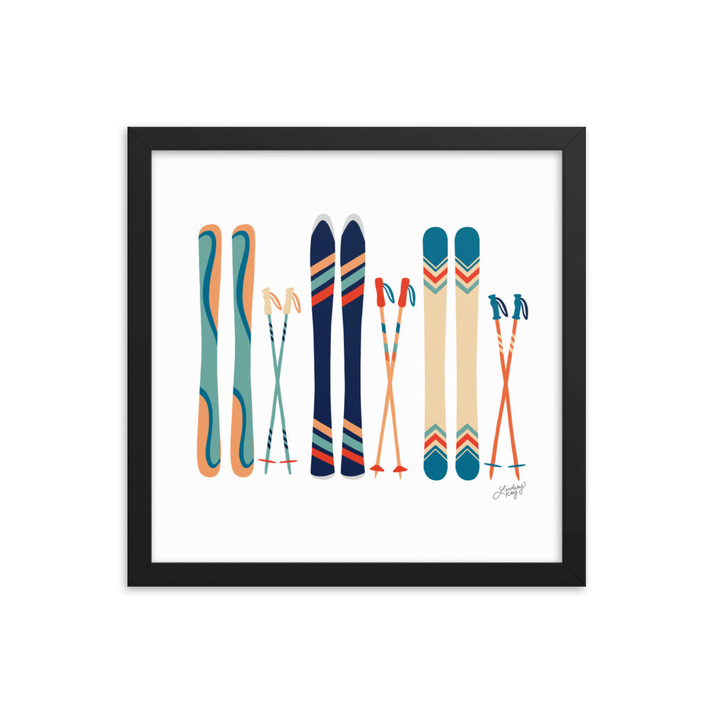 Illustration de ski (palette bleu sarcelle/bleu/orange) - Impression artistique encadrée