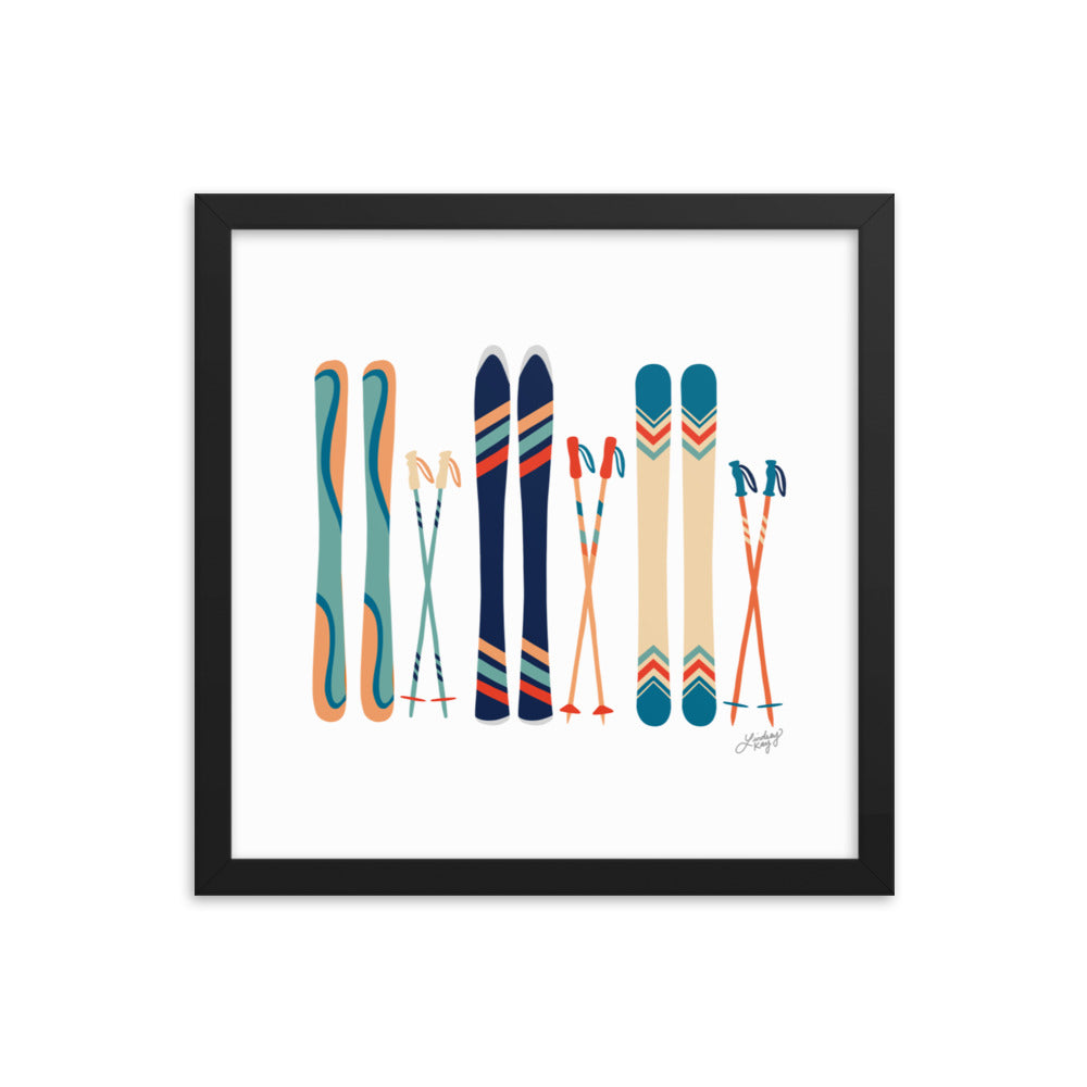 Illustration de ski (palette bleu sarcelle/bleu/orange) - Impression d'art paysager encadrée