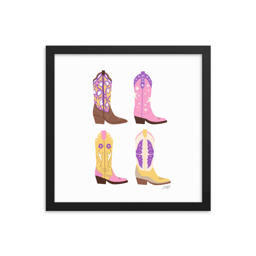 Illustration de bottes de cowboy (palette rose/violet/jaune) - Impression mate encadrée