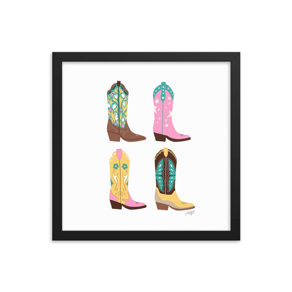 Ilustración de botas de vaquero (paleta rosa/amarillo/turquesa) - Impresión mate enmarcada