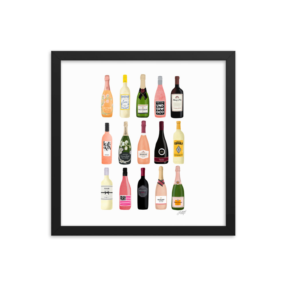 Illustration de bouteilles de vin et de champagne - Impression mate encadrée