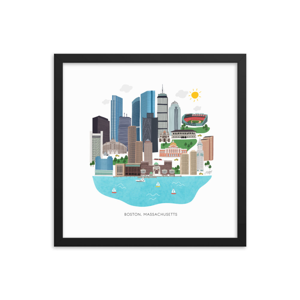 Boston Skyline Illustration - Impression mate encadrée