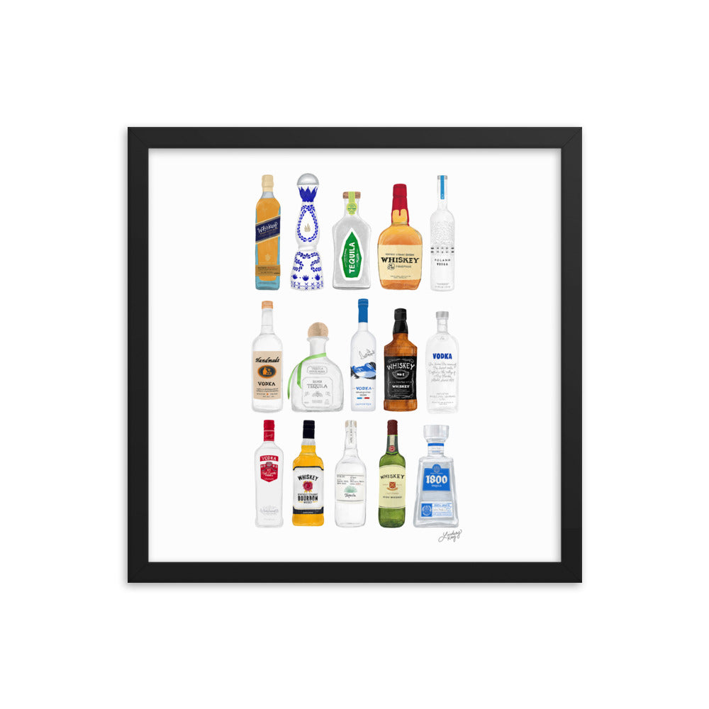 Whiskey, Tequila and Vodka Bottles Illustration - Framed Matte Print