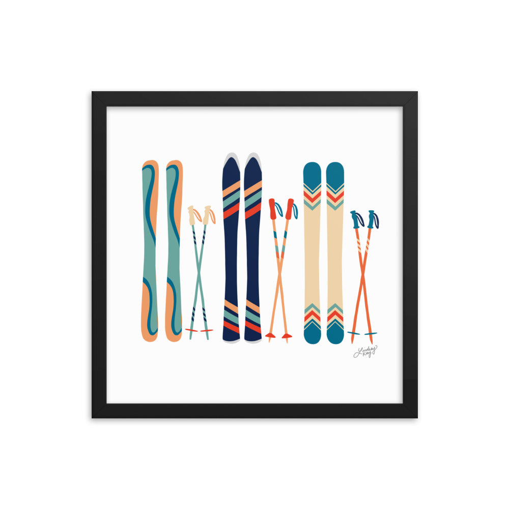 Illustration de ski (palette bleu sarcelle/bleu/orange) - Impression artistique encadrée