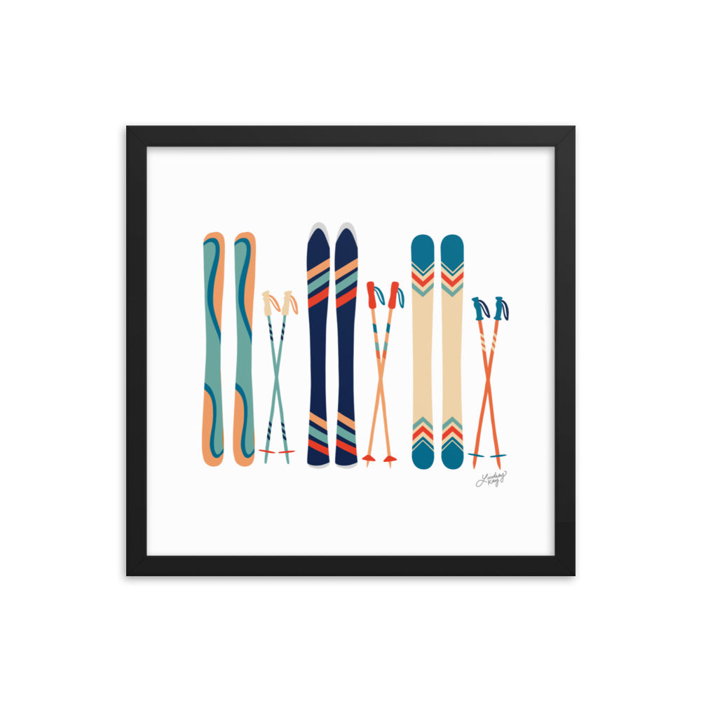 Illustration de ski (palette bleu sarcelle/bleu/orange) - Impression d'art paysager encadrée