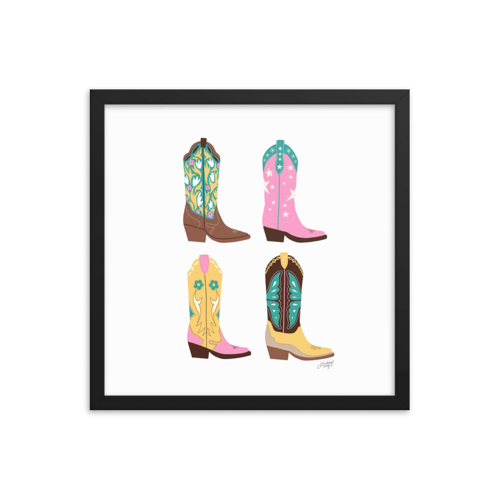 Ilustración de botas de vaquero (paleta rosa/amarillo/turquesa) - Impresión mate enmarcada