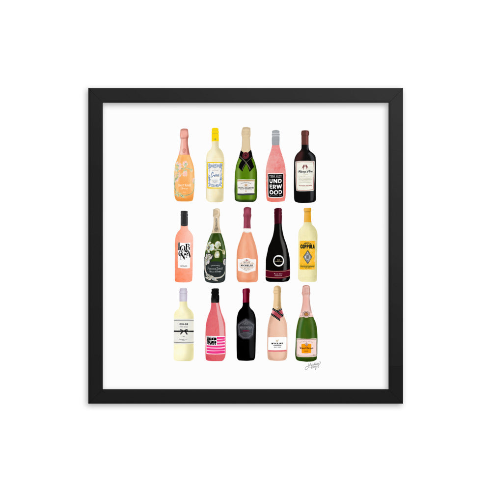 Illustration de bouteilles de vin et de champagne - Impression mate encadrée