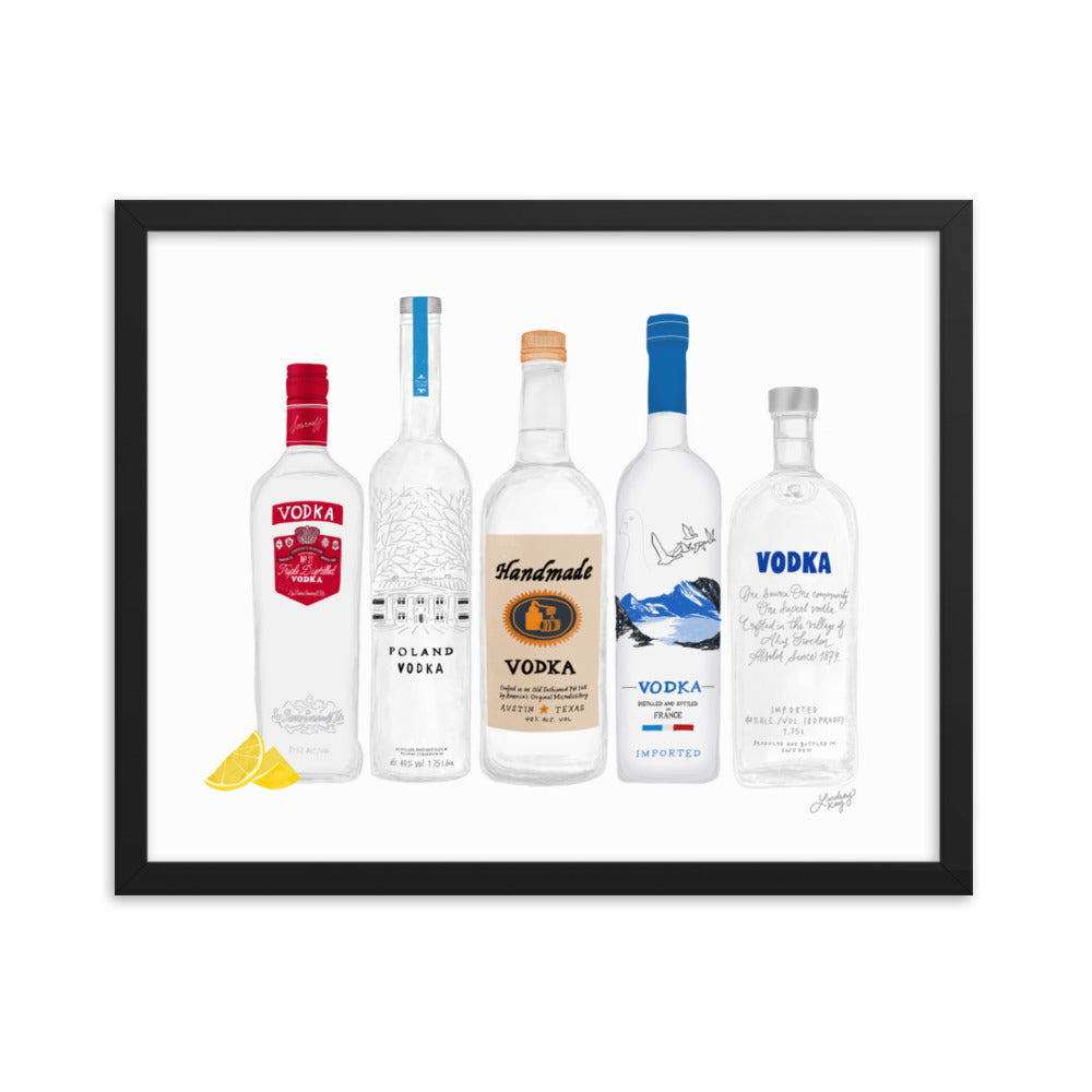 Ilustración de botellas de vodka - Impresión mate enmarcada