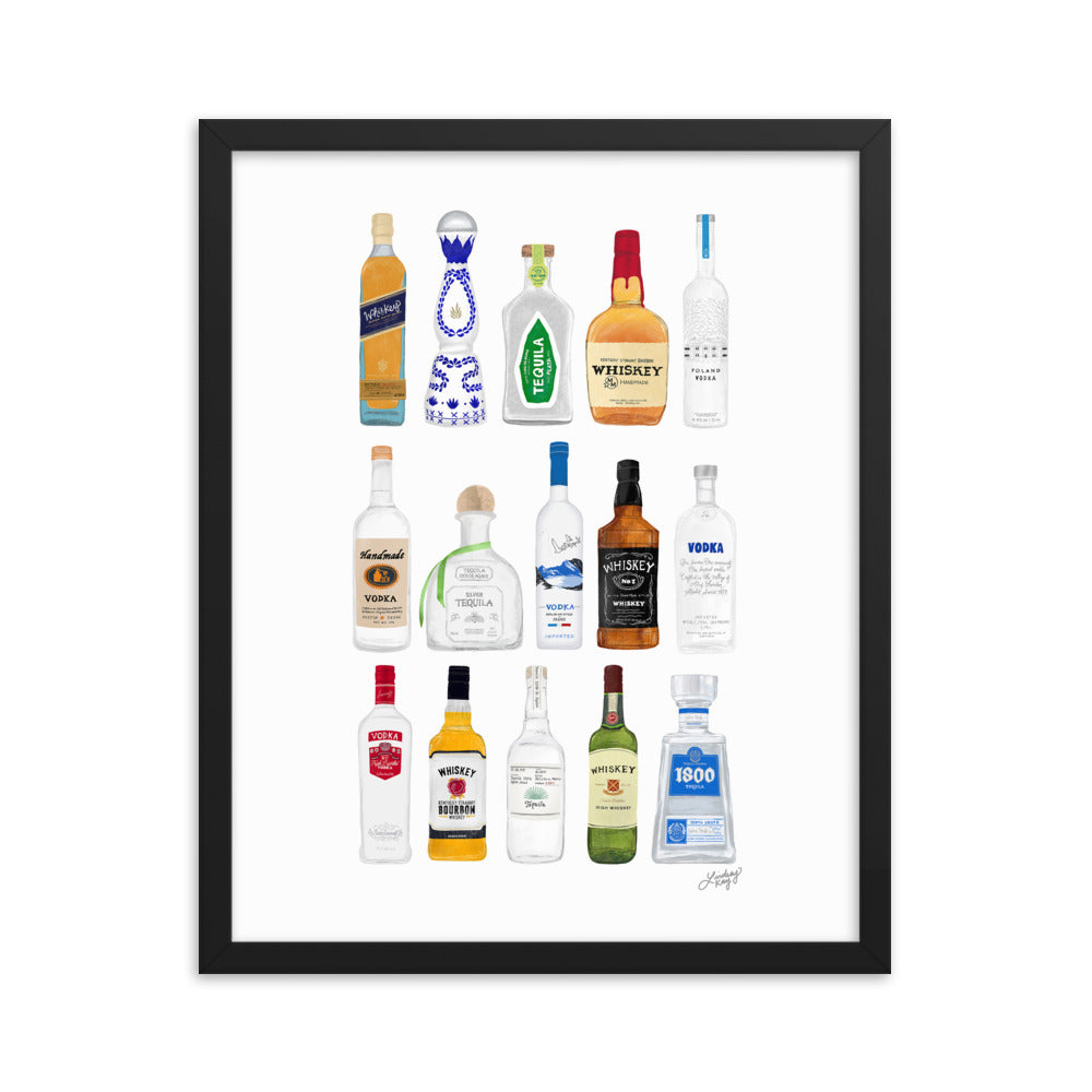 Whiskey, Tequila and Vodka Bottles Illustration - Framed Matte Print