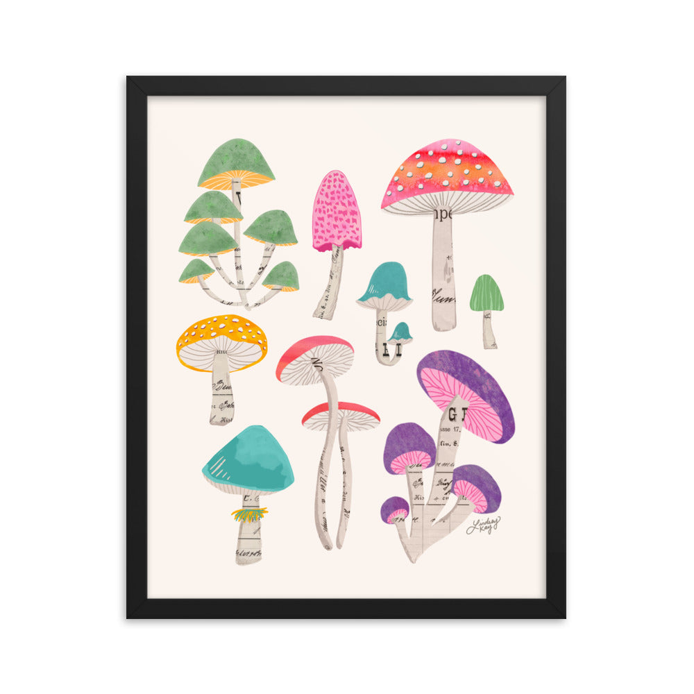 Color Mushrooms Collage Illustration - Framed Matte Print