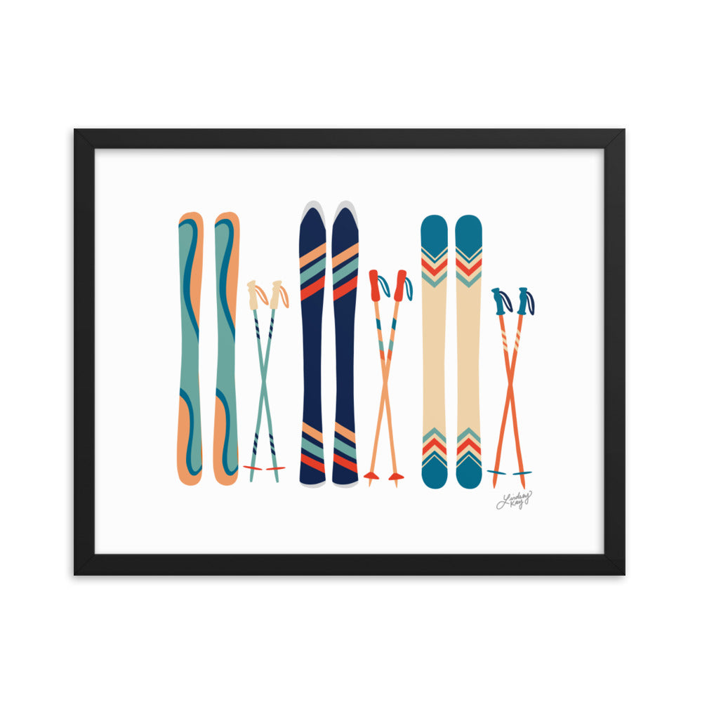 Illustration de ski (palette bleu sarcelle/bleu/orange) - Impression d'art paysager encadrée