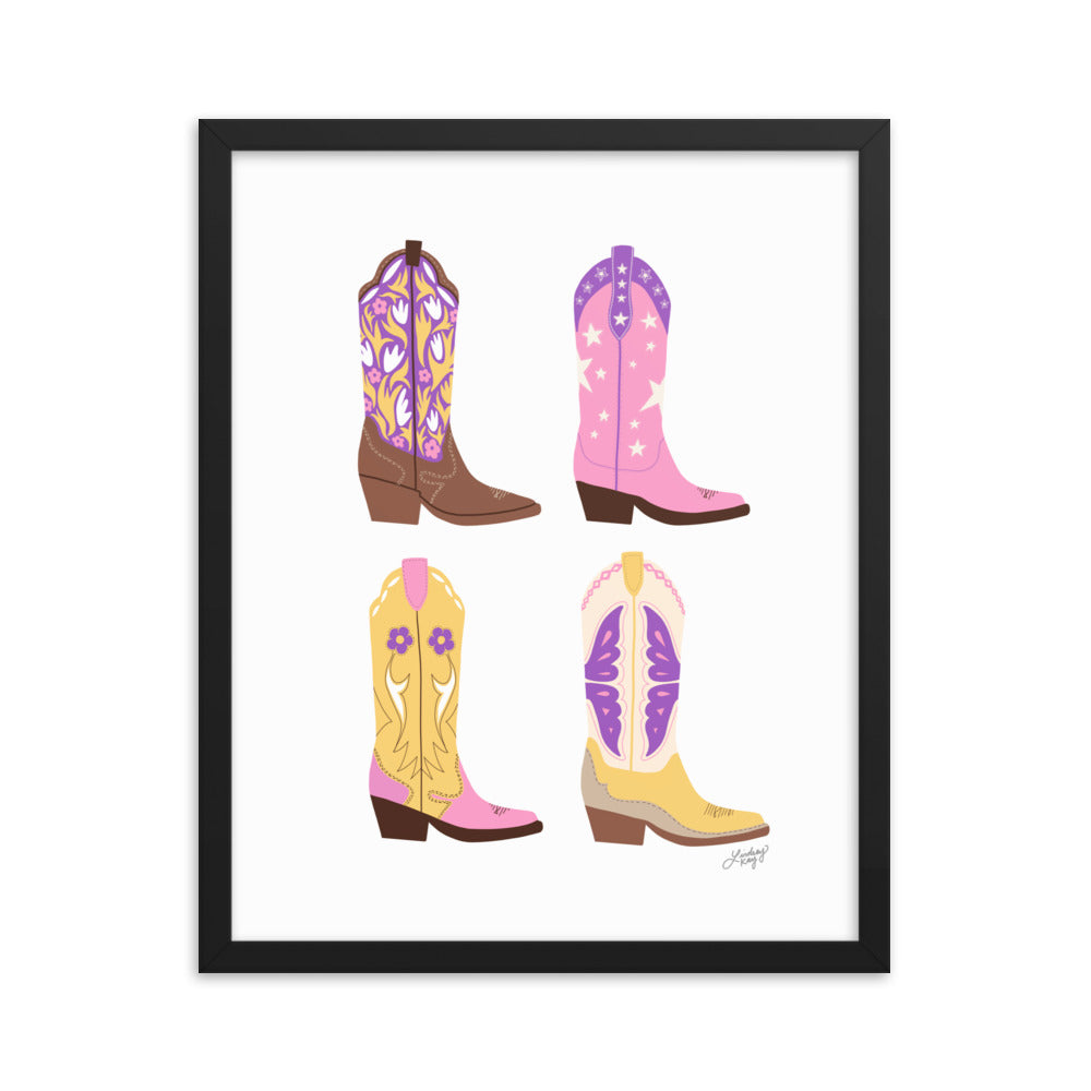 Illustration de bottes de cowboy (palette rose/violet/jaune) - Impression mate encadrée