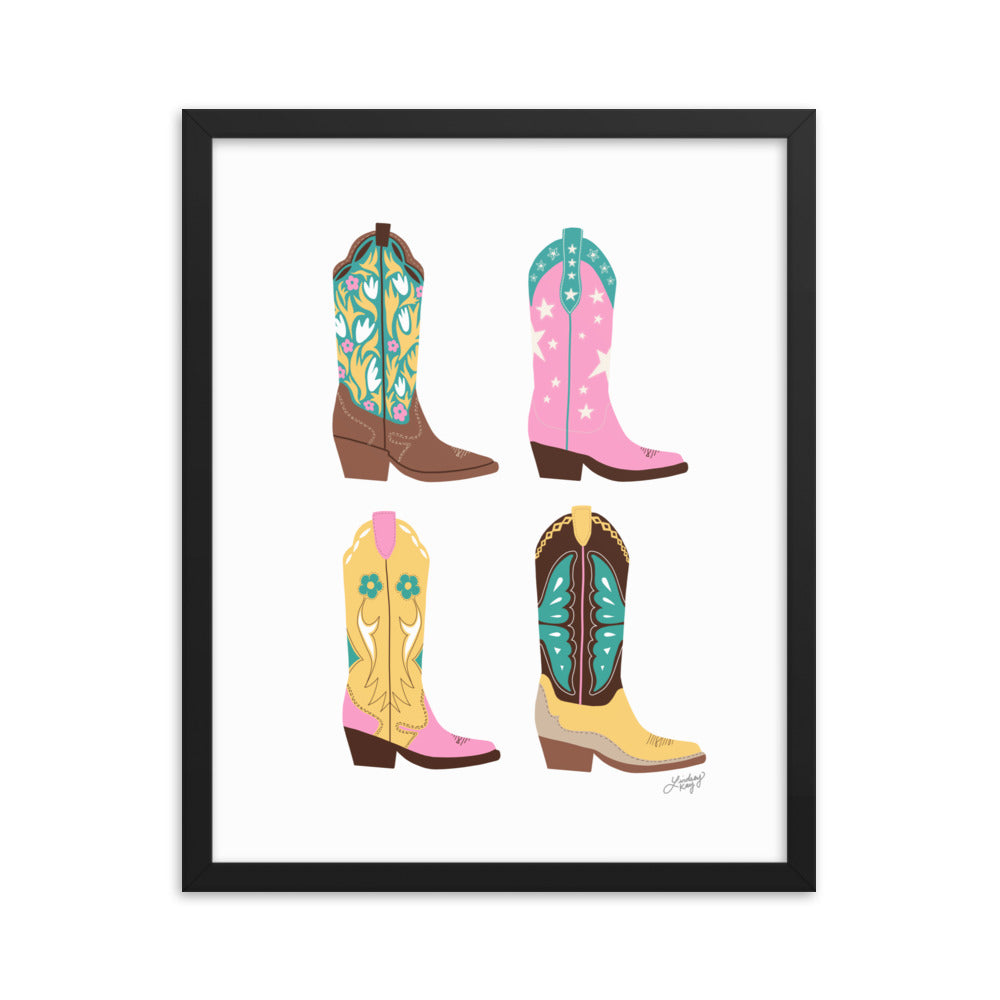 Ilustración de botas de vaquero (paleta rosa/amarillo/turquesa) - Impresión mate enmarcada